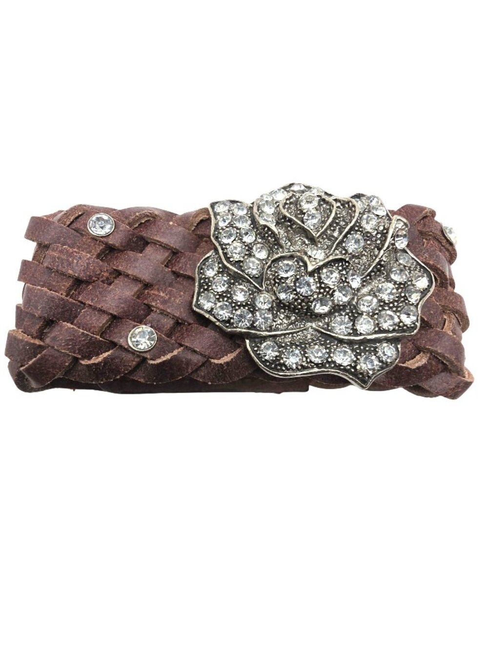 Woven Bracelet Brown Leather Rhinestone Rose Lotus Snap Closure womens jewelry